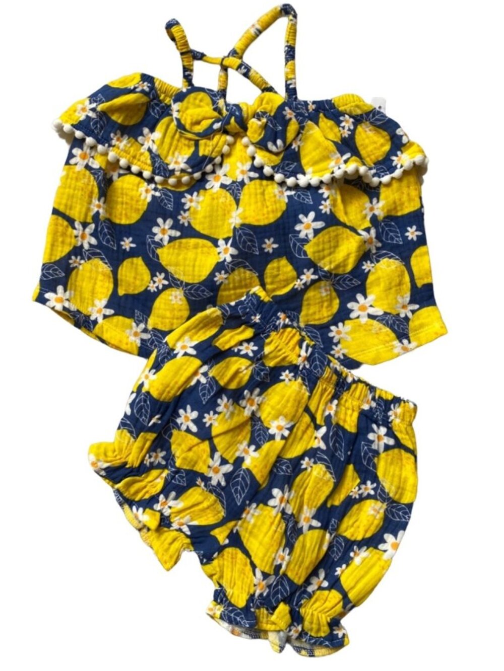 Mud Pie girl 12 18m Lemon Toddler bloomer Short Set cotton gauze NWOT blue yello